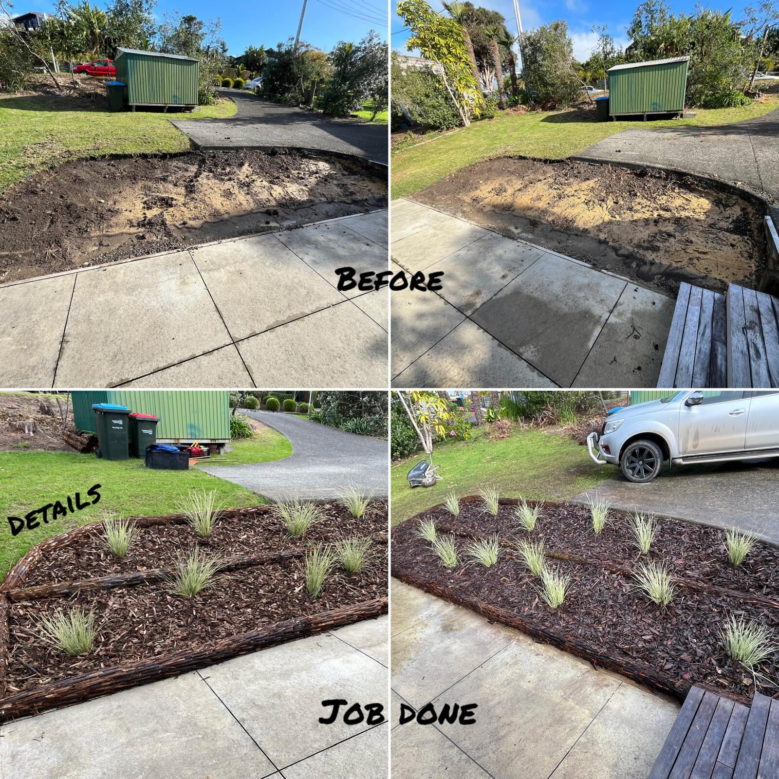 Before and after garden bed transformation under deck Waiheke Island