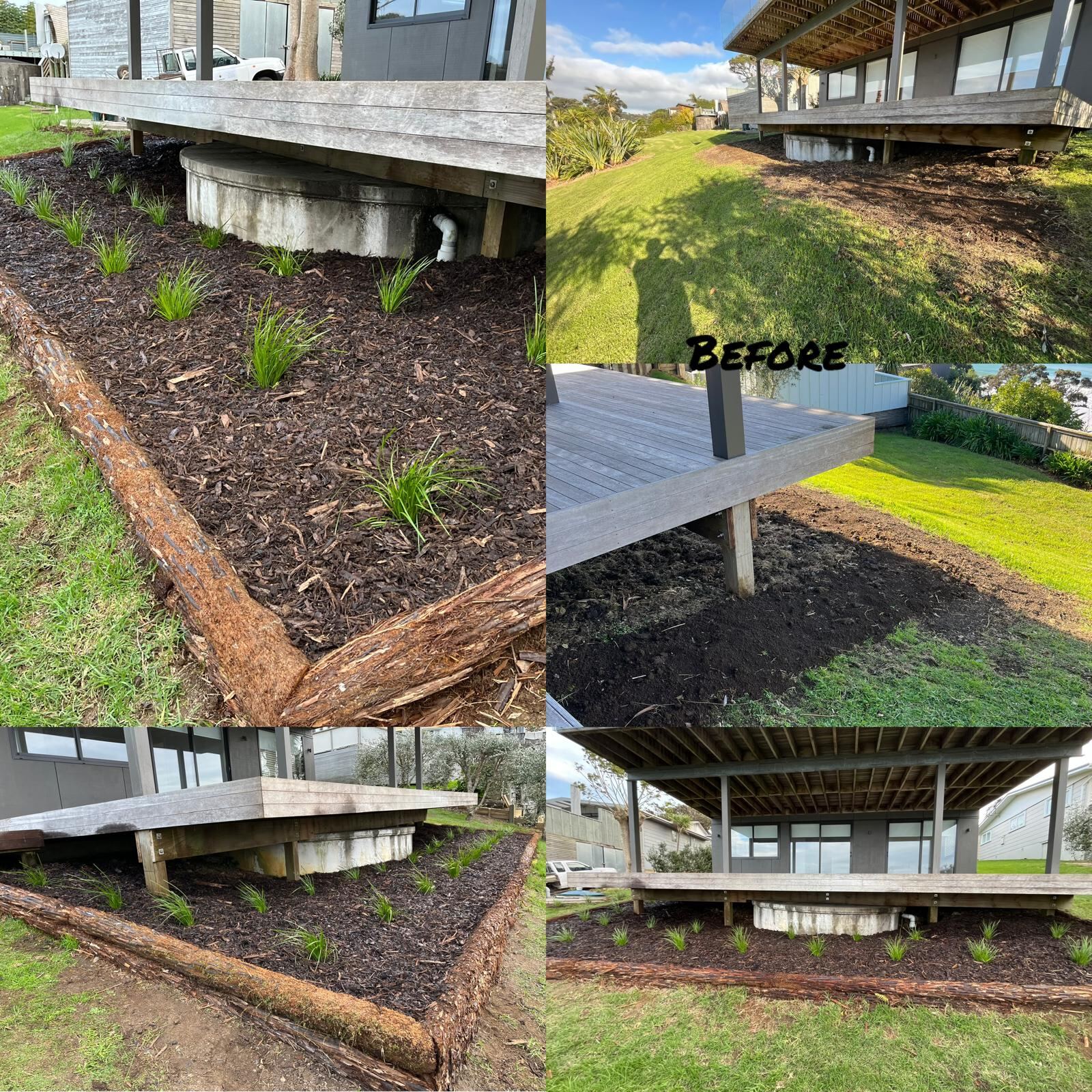 Before and after garden bed transformation under deck Waiheke Island